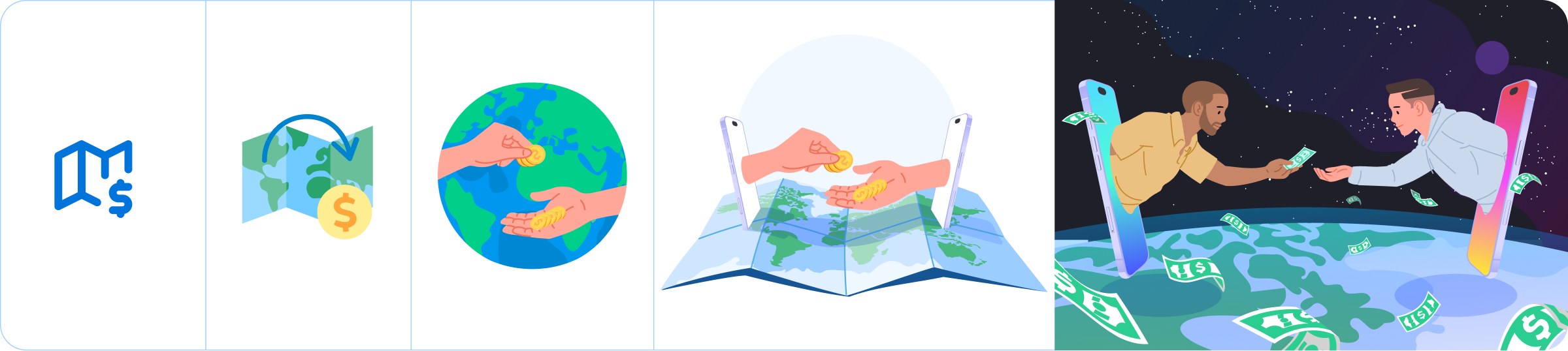 Illustrations showing fintech map and dollar concepts, currency exchange, hands exchanging a globe, hands exchanging a coin over a folded world map, and two figures exchanging money over a night-sky earth