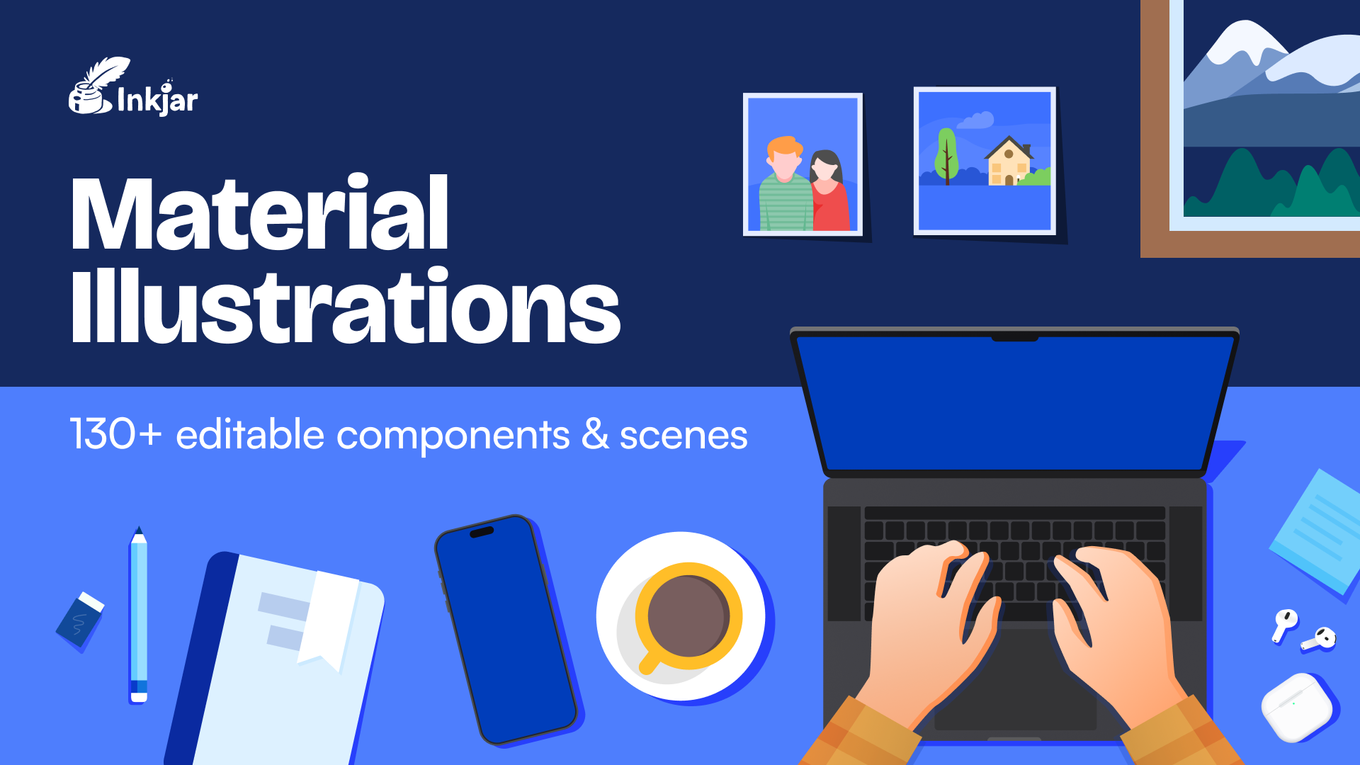Material Illustrations cover: a desk scene with a laptop, phone, coffee and notebook
